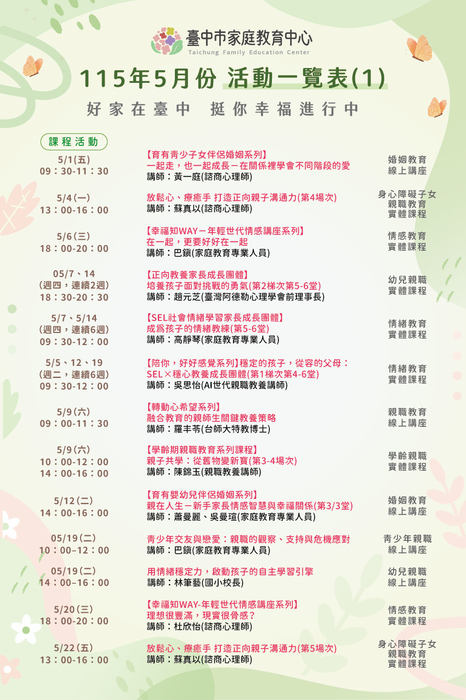 臺中市家庭教育中心115年5月份活動一覽圖片