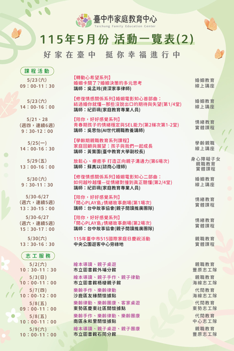 臺中市家庭教育中心115年5月份活動一覽圖片