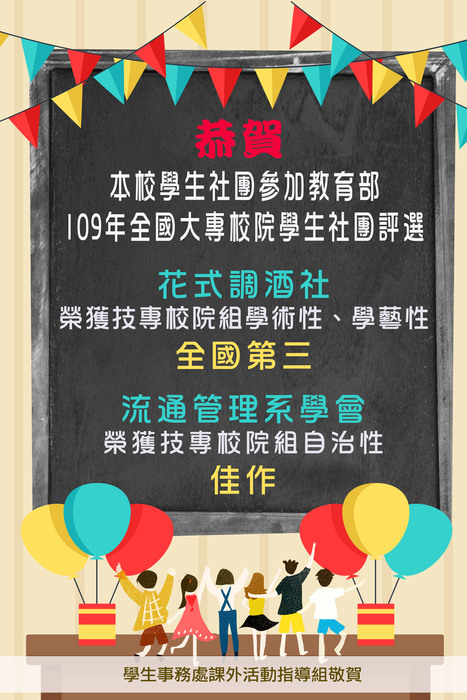 賀！本校學生社團參與109年全國大專校院學生社團評選榮獲佳績！花式調酒社榮獲全國第三、流通管理系學會榮獲佳作圖片