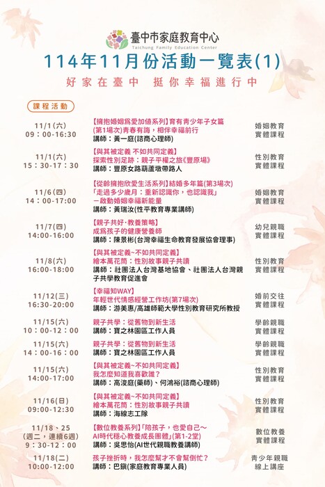 臺中市家庭教育中心114年11月份活動一覽圖片