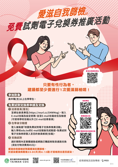 【轉知】衛生福利部疾病管制署「校園愛滋自我篩檢推廣活動」圖片