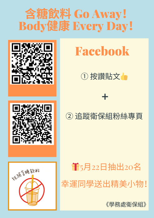 臉書按讚👍抽精美禮物🎁「🍹含糖飲料 Go Away！Body健康 Every Day！」一起 少喝糖、多喝水💙圖片